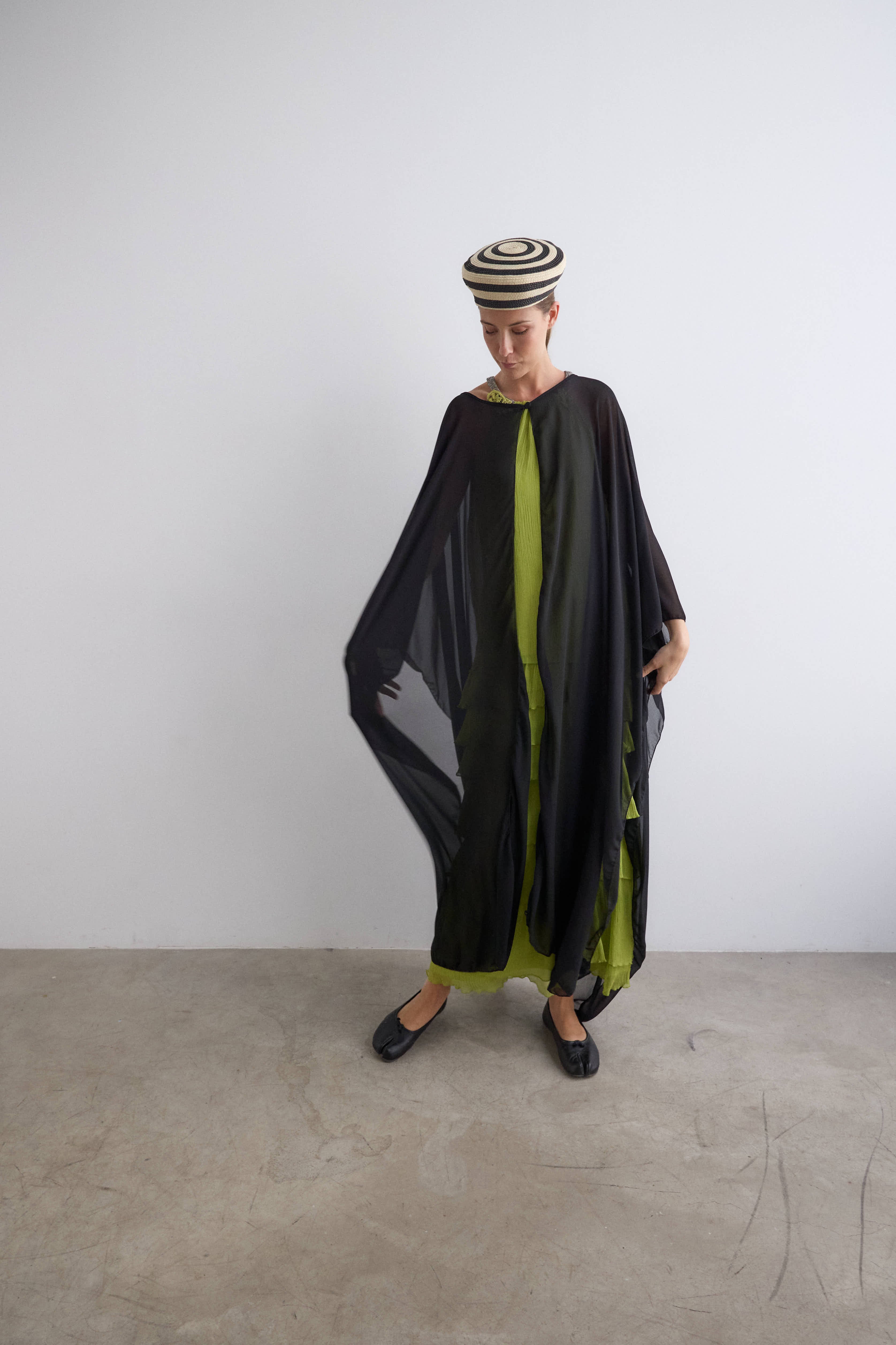 Long black crepe cape