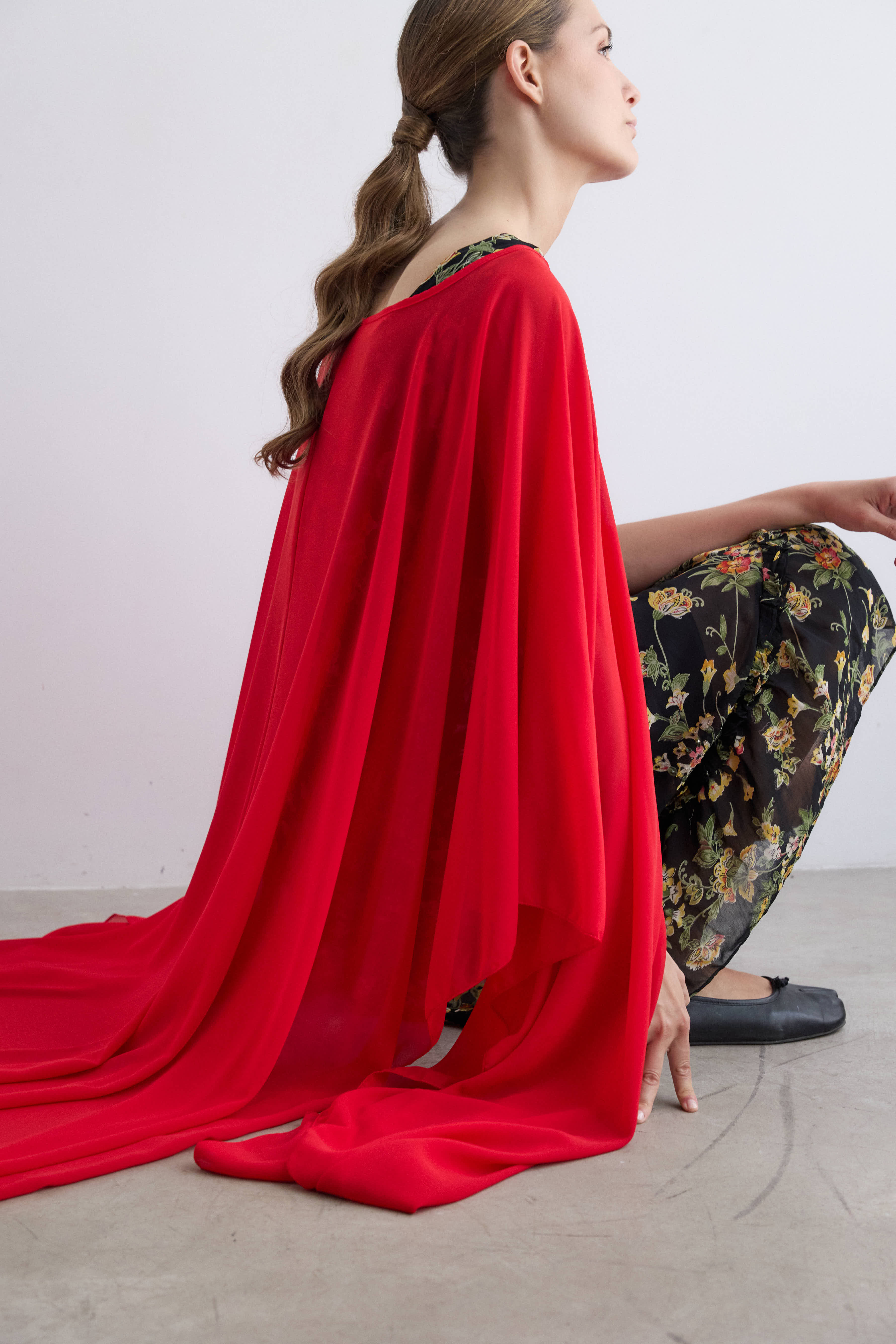 Long red crepe cape