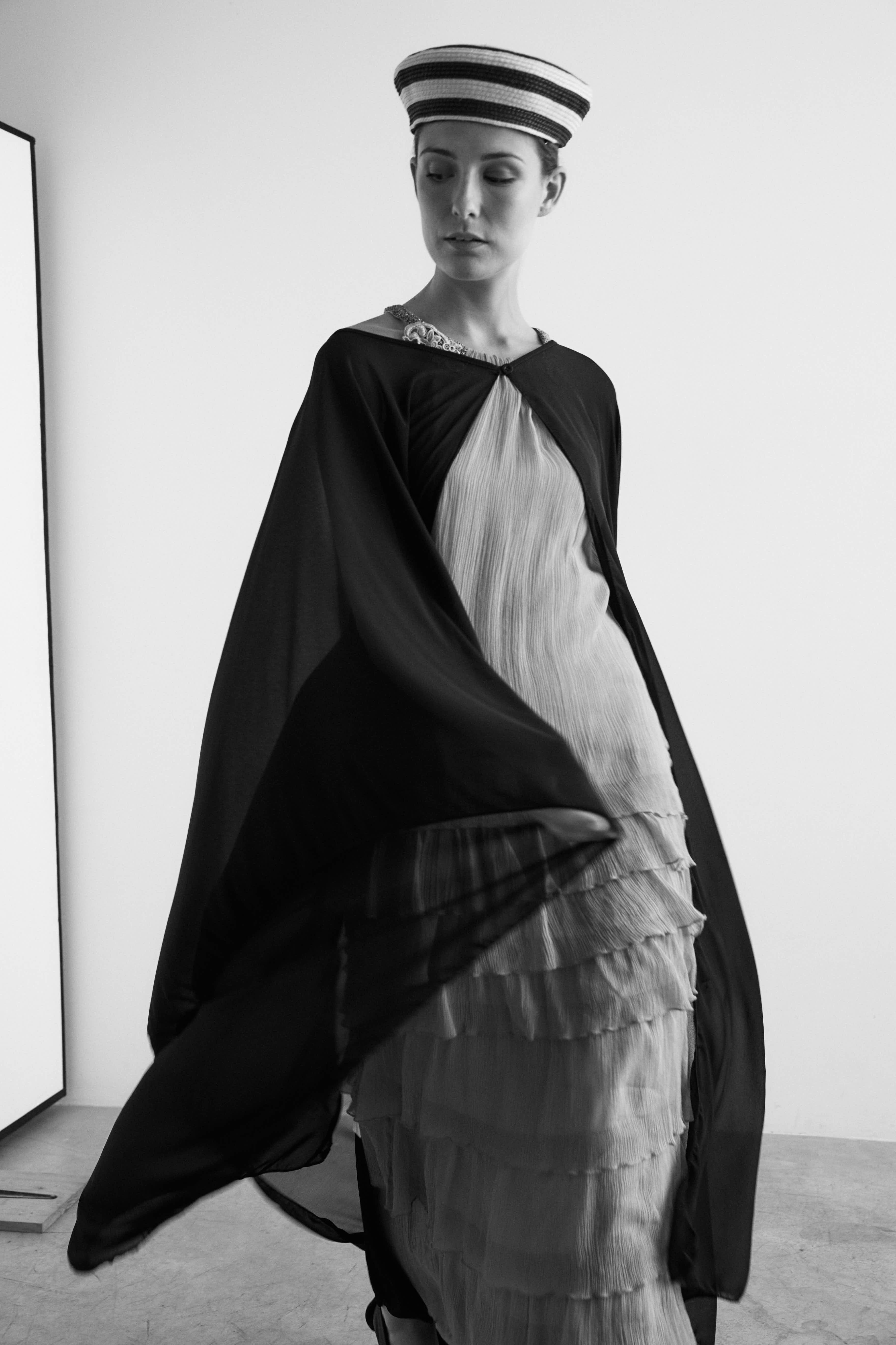 Long black crepe cape