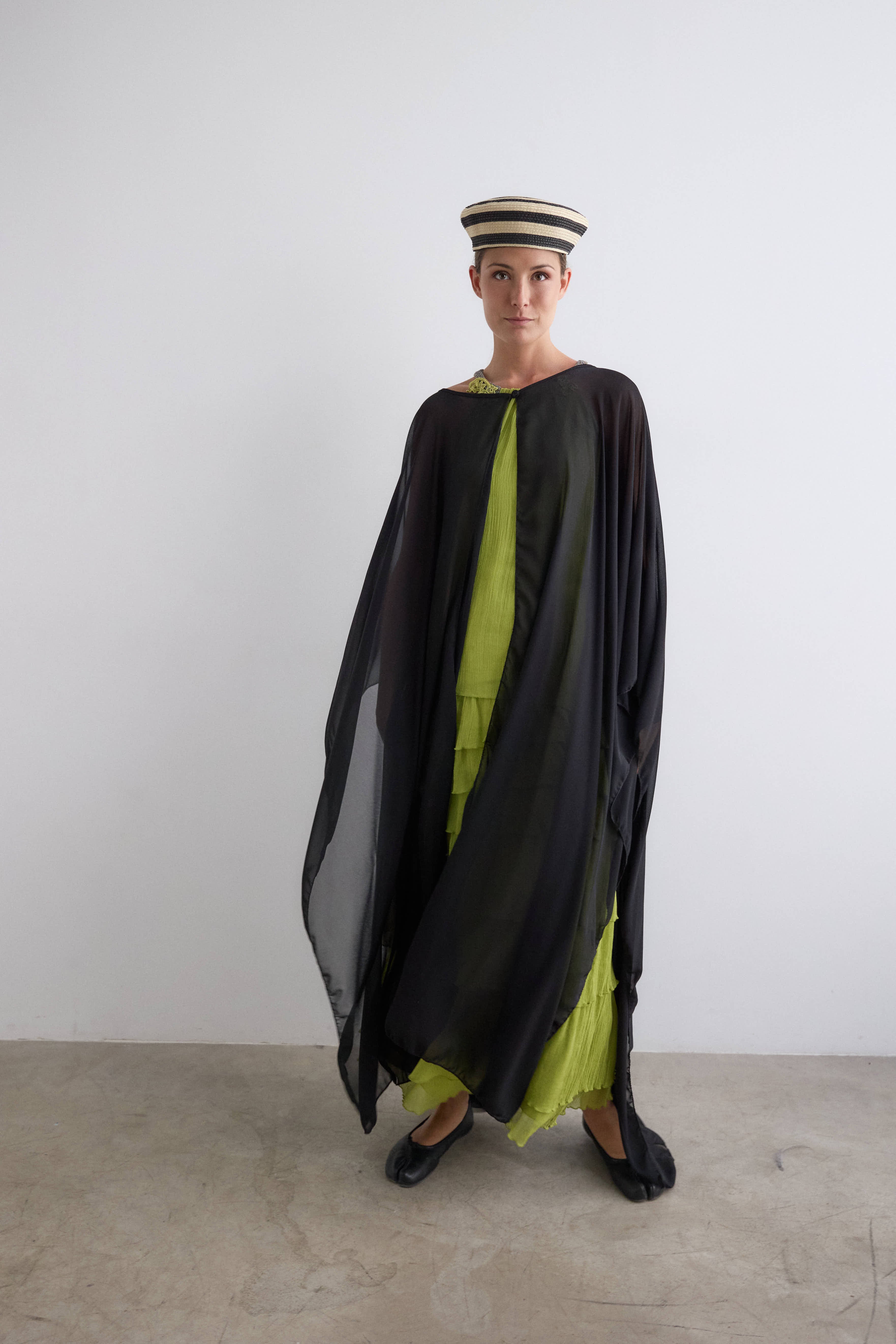 Long black crepe cape