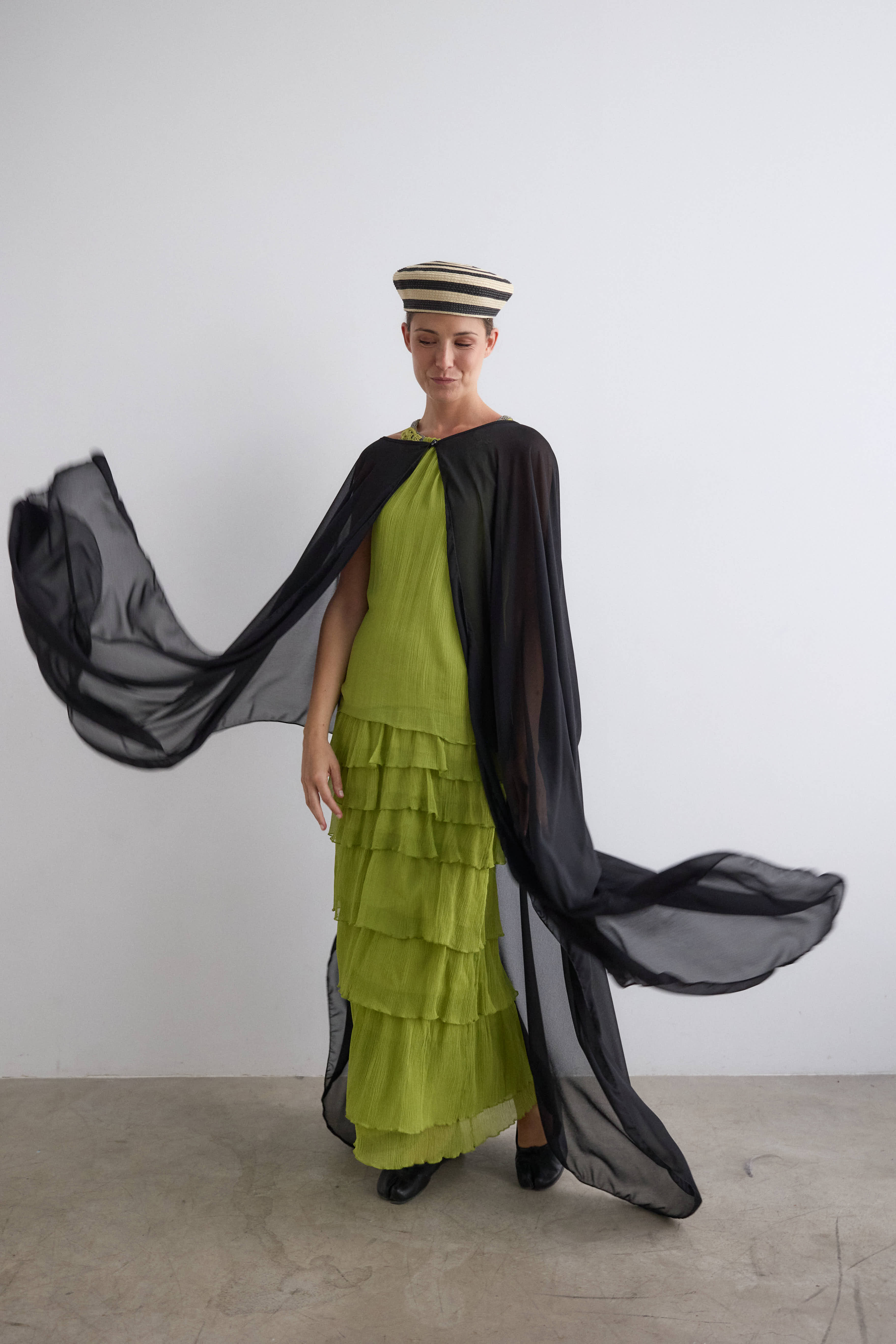 Long black crepe cape