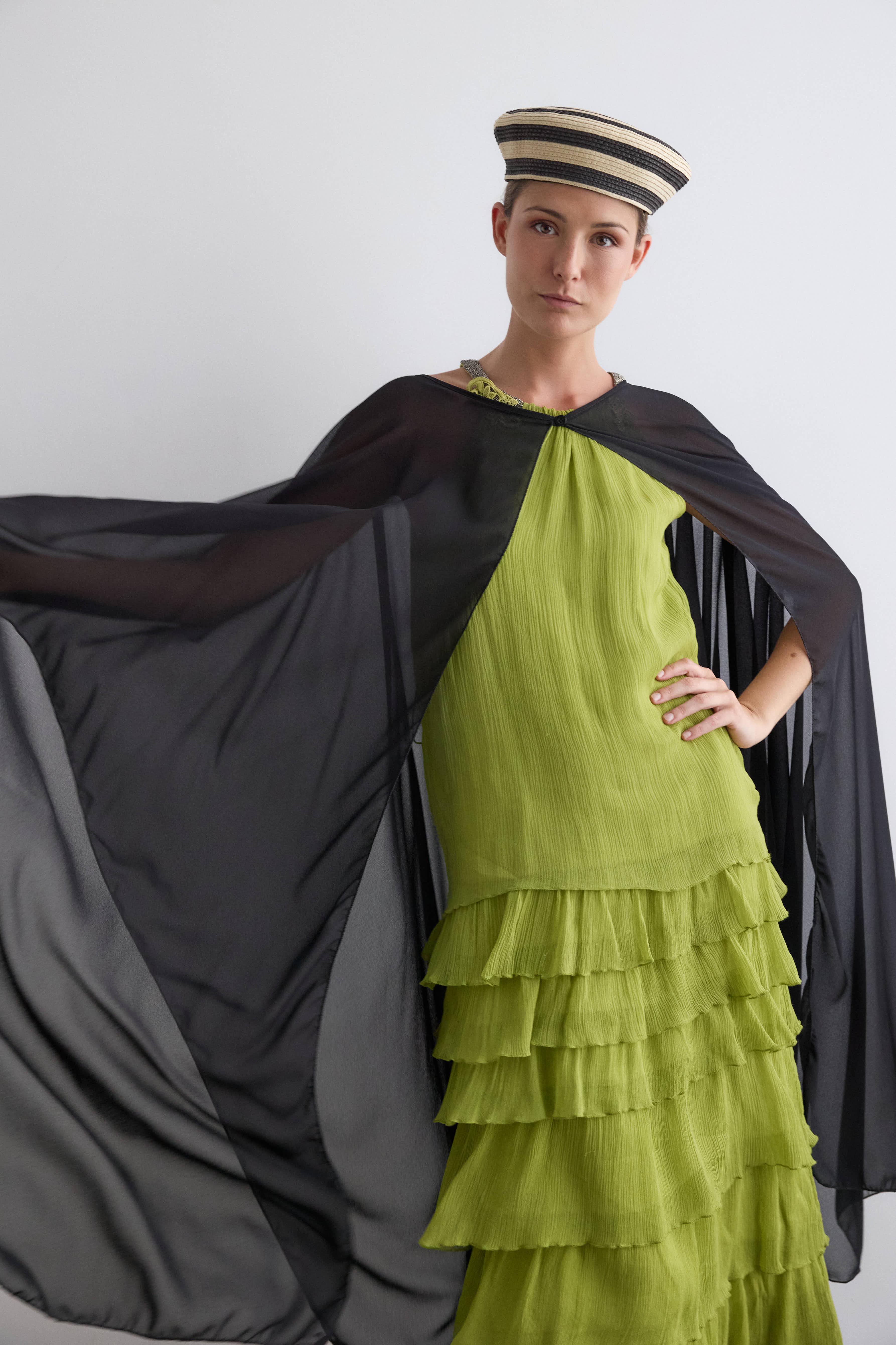 Long black crepe cape