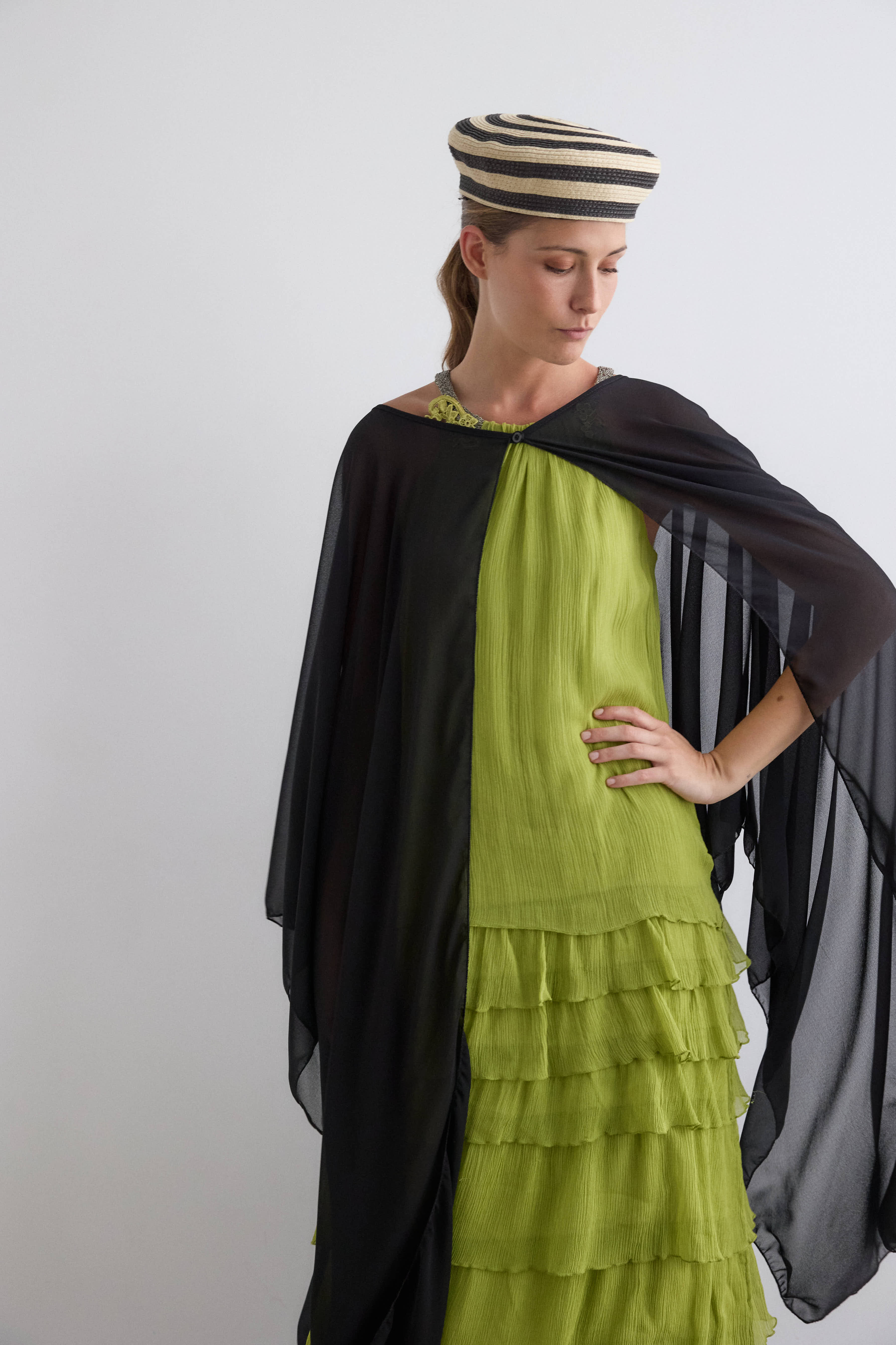 Long black crepe cape