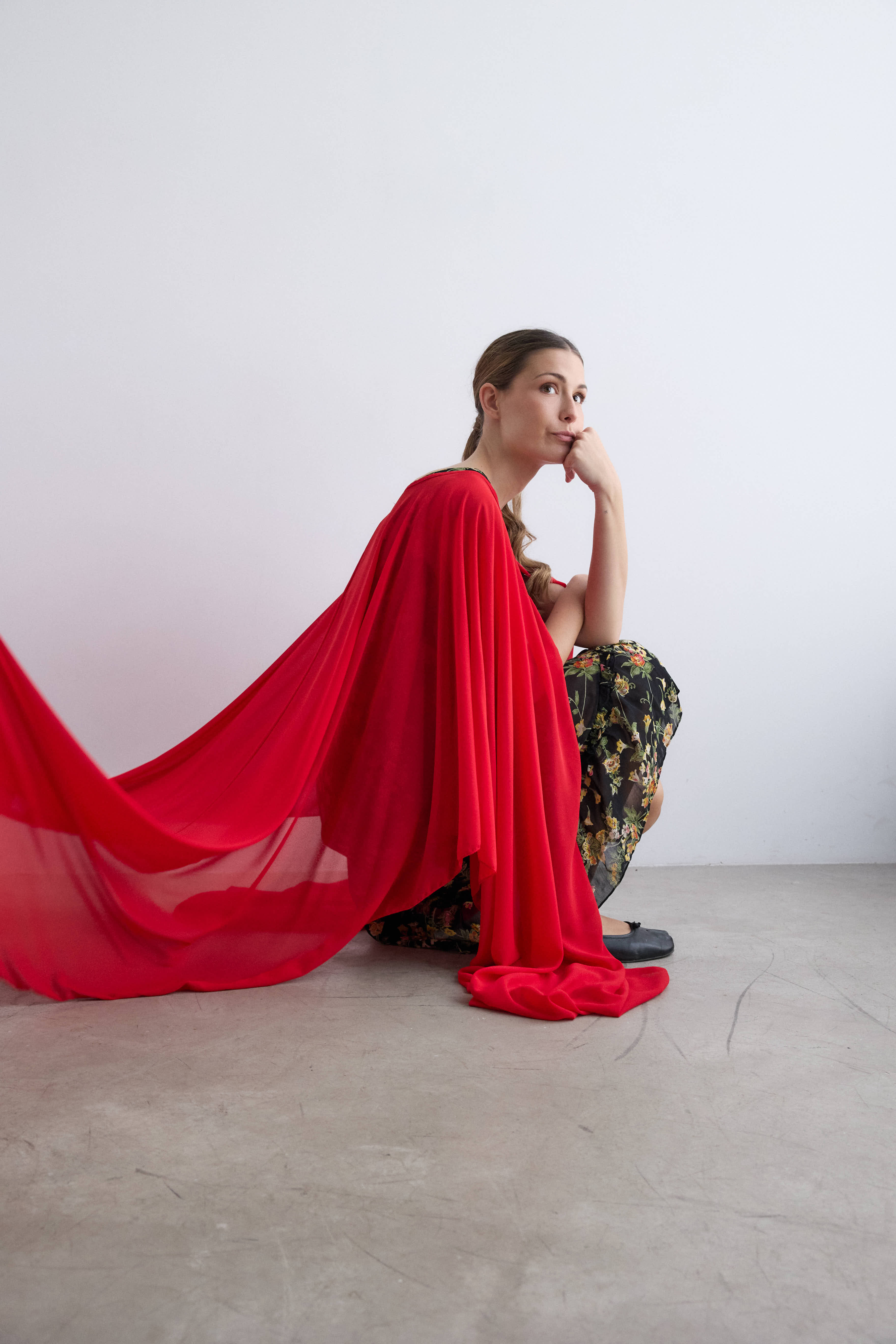 Long red crepe cape