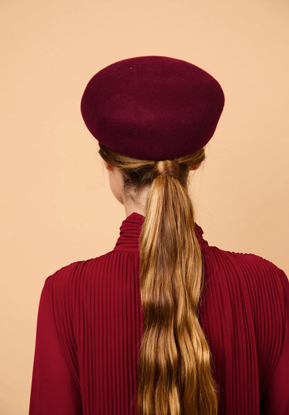 Pillbox, tocado, boina, casquete, lana, vino, invitada, Marcela & co 