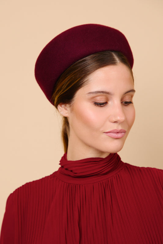 Pillbox, tocado, casquete, lana, burdeos, invitada, Marcela & co