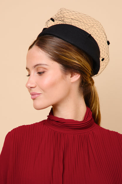 Tocado, casquete, lana, casquete, negro, invitada, boda marcela and co