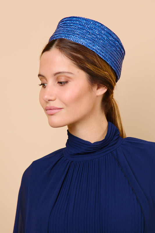 Tocado, pillbox, paja, casquete, azul, invitada, boda, marcelaandco