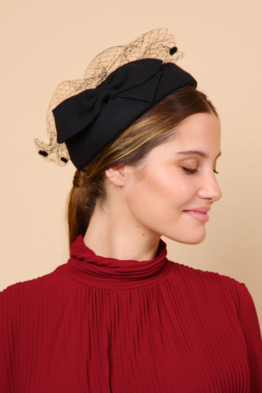 Tocado, casquete, lana, casquete, negro, invitada, boda, marcela and co