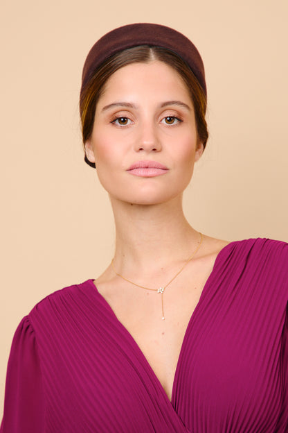 tocado, casquete, pillbox, lazo, chocolate, boda, lana, marcela and co